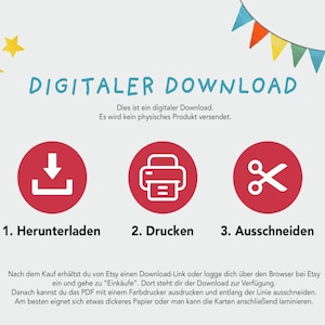 K&ouml;nnte beinhalten: Eine Grafik f&uuml;r digitalen Download mit drei roten Kreisen, die Symbole zum Herunterladen, Drucken und Ausschneiden enthalten. Der Text "DIGITALER DOWNLOAD" ist in Blau und der Text "Dies ist ein digitaler Download. Es wird kein physisches Produkt versendet." ist in Schwarz.