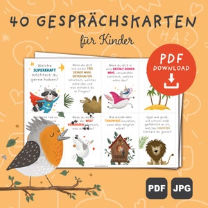 K&ouml;nnte beinhalten: Ein Set mit 40 Gespr&auml;chskarten f&uuml;r Kinder, mit farbenfrohen Illustrationen von Tieren und Gegenst&auml;nden. Die Karten sind so konzipiert, dass sie fantasievolle Gespr&auml;che anregen und Kinder zum kreativen Denken anregen. Die Karten sind auf hochwertigem Papier gedruckt und eignen sich perfekt f&uuml;r den Einsatz im Klassenzimmer oder zu Hause.
