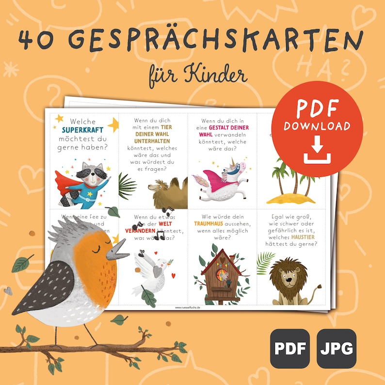 K&ouml;nnte beinhalten: Ein Set mit 40 Gespr&auml;chskarten f&uuml;r Kinder, mit farbenfrohen Illustrationen von Tieren und Gegenst&auml;nden. Die Karten sind so konzipiert, dass sie fantasievolle Gespr&auml;che anregen und Kinder zum kreativen Denken anregen. Die Karten sind auf hochwertigem Papier gedruckt und eignen sich perfekt f&uuml;r den Einsatz im Klassenzimmer oder zu Hause.