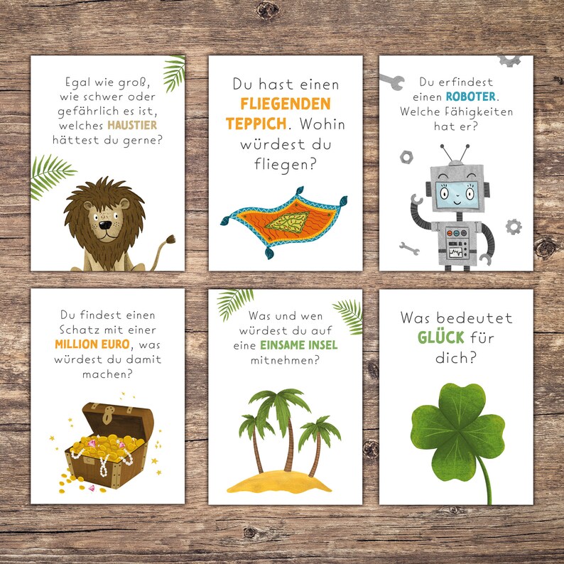 K&ouml;nnte beinhalten: Sechs bunte Karten mit Fragen und Illustrationen. Die Karten zeigen einen L&ouml;wen, einen fliegenden Teppich, einen Roboter, eine Schatztruhe, eine tropische Insel und ein vierbl&auml;ttriges Kleeblatt.
