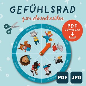 以下が含まれることがあります： GEFÜHLSRAD zum Ausschneidenというタイトルの円形の感情ホイールを特徴とするデジタルダウンロード。ホイールは8つのセグメントに分かれており、それぞれが異なる感情を表現する動物のイラストと、中央のオレンジ色の矢印が描かれています。