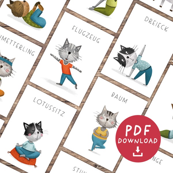 16 Kinderyoga Karten Katzen PDF | Yoga Kinder Karten zum Ausdrucken | Entspannung für Kinder | Montessori | Sofort Download DIN A6 und A7