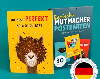 Encouraging Postcards for Children with Animals – 30 Hand-Drawn Affirmation Cards | Gift for Starting School, Birthday | Animal Illustrations