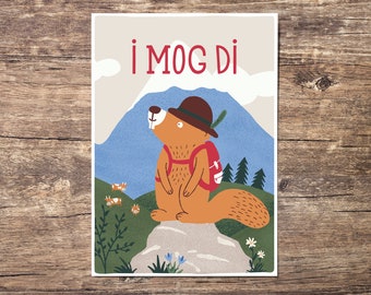Postkarte Freundschaft / Liebe Murmeltier "I mog di" - bayrische, österreichische Grußkarte | Valentinstag | DIN A6