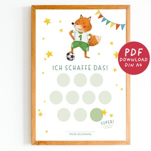 Può includere: Un grafico stampabile con una volpe dei cartoni animati che indossa una maglia da calcio e tiene un pallone da calcio. Il grafico ha 10 cerchi per segnare i progressi verso un obiettivo. Il testo "ICH SCHAFFE DAS!" è in cima al grafico, e "MEINE BELOHNUNG" è in fondo. Il testo "SUPER!" è in un piccolo riquadro nell'angolo in basso a destra del grafico.