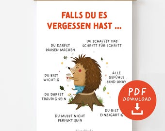 Encouragement Poster for Children - Hedgehog - In case you forgot | Affirmation Poster PDF Download | Children's Room, Classroom | DIN A4, A3, A2