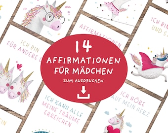 14 affirmation cards for girls, unicorns, rainbows, PDF | Encouraging cards to print | A7 | Encouragement | Affirmation cards for children download