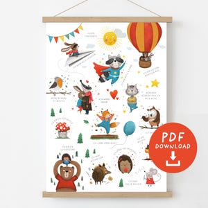 Könnte beinhalten: Ein farbenfrohes Poster mit Illustrationen von Tieren und Text in deutscher Sprache. Die Tiere umfassen einen Waschbär, einen Fuchs, einen Igel, einen Bären, ein Kaninchen, eine Katze, eine Eule, einen Vogel und eine Maus. Der Text enthält Sätze wie "Ich bin einzigartig" und "Ich bin ein guter Freund".