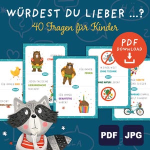 Könnte beinhalten: Eine dunkelblaue Grafik mit einem Waschbären und Karten mit Illustrationen und Text. Die Karten stellen "Würdest du lieber...?" Fragen für Kinder, mit Optionen wie "für immer Ferien" oder "für immer Geburtstag haben". Ein roter Kreis zeigt einen PDF-Download an.