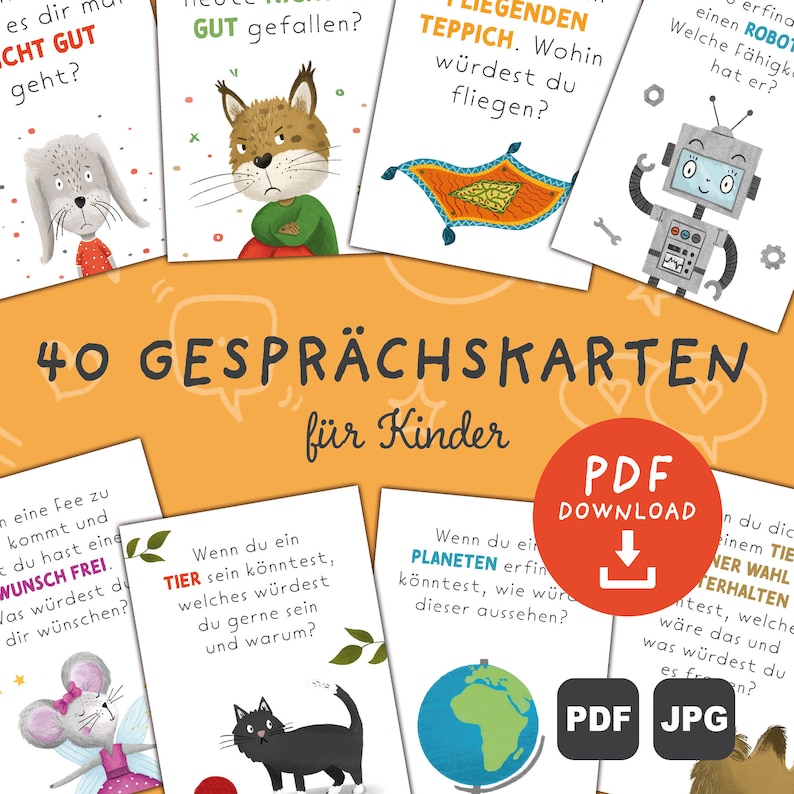 K&ouml;nnte beinhalten: Ein Satz von 40 Gespr&auml;chskarten f&uuml;r Kinder mit bunten Illustrationen und Impulsen zur Diskussion. Die Karten sind so konzipiert, dass sie fantasievolles Denken und soziale Interaktion f&ouml;rdern. Die Karten stehen zum Download im PDF- und JPG-Format zur Verf&uuml;gung.