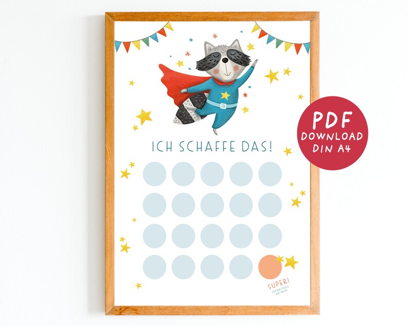 May include: A printable chart with a cartoon raccoon wearing a superhero costume and a red cape. The chart has 16 circles for checking off tasks and says "Ich schaffe das!" which means "I can do it!" in German. The chart is designed for kids and is perfect for encouraging them to complete tasks.