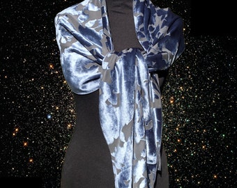 Grey Silk Velvet Scarf - Hand Painted