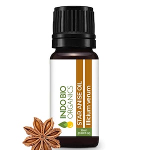 May include: A brown glass bottle of Indo Bio Organics Star Anise Oil, Illicium verum, with a black cap. The bottle is labelled with the brand name, product name, and botanical name. The bottle contains 15 ml (0.50 fl oz) of oil. A star anise pod is shown in the lower left corner of the image.