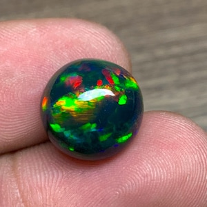May include: A round, black opal gemstone with green, red, and orange flashes of color.