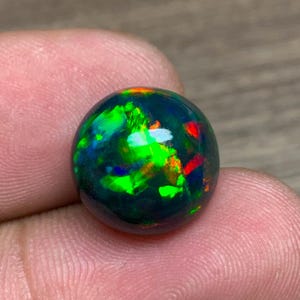 May include: A round black opal gemstone with green, red, and orange flashes of color.