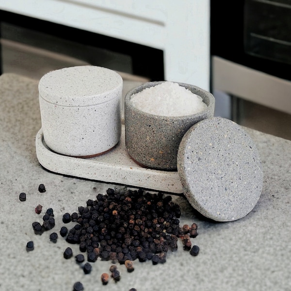 White Salt cellar box, Terrazzo stone salt storage container with lid, salt pig with lid,  Concrete pinch pot, salt cellar, seasoning pot