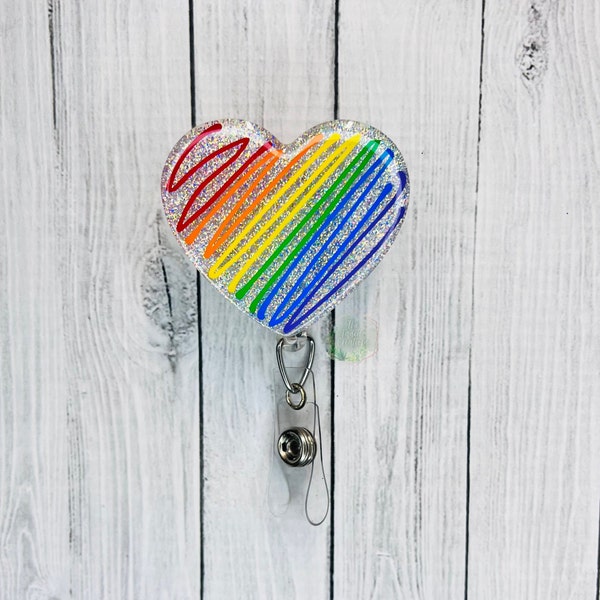 Porta-insignias de corazón arcoíris / Accesorio del orgullo con purpurina