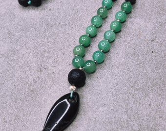 Unique necklace with aventurine, lava stone and onyx fish pendant