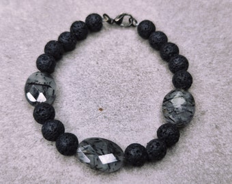 Unique bracelet with lava stone and tourmaline quartz