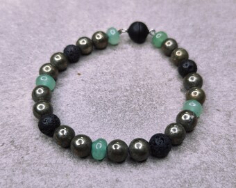 Unique bracelet with aventurine, pyrite and lava stone