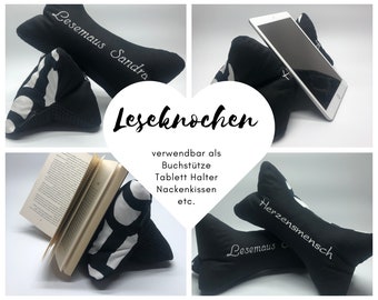 Leseknochen personalisiert bestickt - Buchstütze - Nackenkissen - Tablett Halter