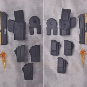 Puede incluir: Una pistola de color marrón claro y negro con una funda negra, dos portacargadores negros y varios accesorios negros.