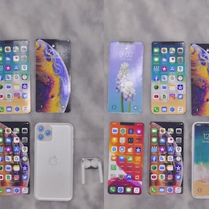 May include: A display of nine iPhone models with different coloured cases and screen backgrounds. The phones are arranged in three rows of three. The top row features a light blue phone with a flower on the screen, a phone with a colourful abstract design, and a phone with a blue and white abstract design. The middle row features a phone with a colourful abstract design, a phone with a colourful abstract design, and a white phone with an Apple logo. The bottom row features a phone with a colourful abstract design, a phone with a colourful abstract design, and a phone with a blue and white abstract design. The phones are all in a white case.