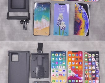 May include: Two sets of black phone cases with a variety of phone screen protectors. The phone cases have a built-in kickstand and a strap. The screen protectors feature different designs, including a galaxy, flowers, and a grid of app icons.
