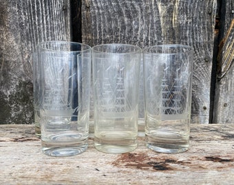 Etched Boat Glasses -- Boat Glasses -- Nautical Glassware -- Nautical Barware -- Etched Glassware -- Set of 6 Glasses - Vintage Boat Glasses