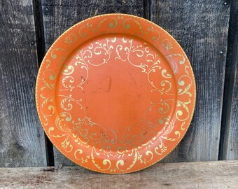 Large Orange Tole tray -- Vintage Decorative Tray -- Vintage Large Round Tray -- Tole Tray -- Large Tray -- Decorative Tray -- Round Tray