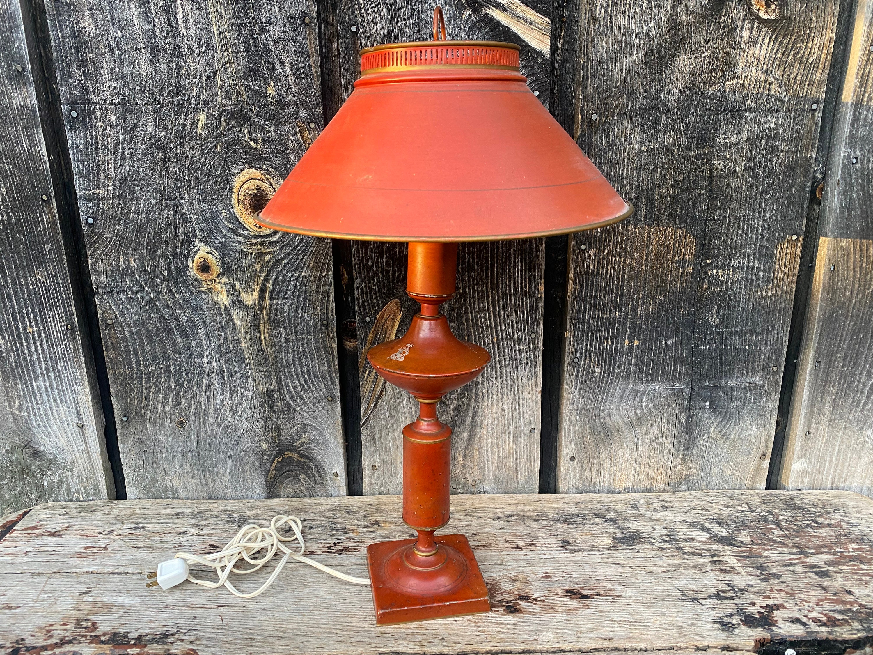 Vintage Americana 20th Century Farmhouse Style Tole Ware Red & Gold Hand  Painted Pear's and Flowers Table Metal & Glass Lamp