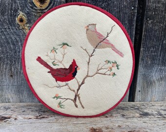 Vintage Bird Pillow — Vintage Bird Needlepoint Pillow — Needlepoint Pillow — Round Pillow — Round Needlepoint Pillow — Bird Pillow — Birds