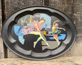 Ballerina Tray — Vintage Decorative Tray — Tole Tray — Painted Tray — Vintage Black Tray — Black Metal Tray — Ballerina Tray Vintage