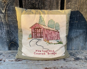 Covered Bridge Pillow — Bridge Pillow — New England Pillow — New England Decor — Pillow Needlepoint — Decorative Pillow — Covered Bridge