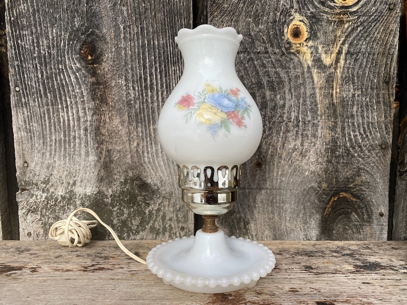 Floral Milk Glass Lamp Milk Glass Lamp Small Milk Glass Lamp Jewelry Tray Lamp Small Bedside Table Lamp Milk Glass Lamp image 1