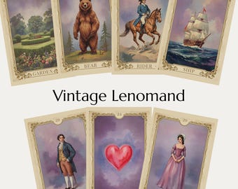 Può includere: Un set di carte Lenormand vintage con illustrazioni di un giardino, un orso, un cavaliere, una nave, un uomo, un cuore e una donna. Le carte hanno uno sfondo color crema con bordi dorati. Il testo "Vintage Lenormand" è presente.
