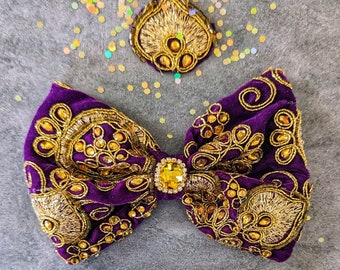 ROYALTY IN PURPLE Embroidery Velvet Bow,  Pet bow, dog bow, cat bow, dog bow, purple, velvet, bowtie