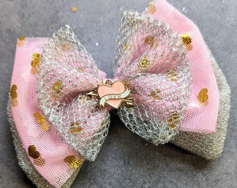 PINK GLAMOUR GIRL Bow,  Pet bow, dog bow, cat bow, dog bow, Pink and silver bowtie, valentine heart bow