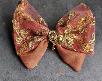 PINK PRINCESS Embroidery Bow,  Pet bow, dog bow, cat bow, dog bow, pink, gold bowtie