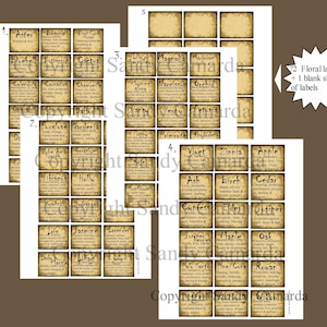 May include: A set of 72 floral labels with a blank sheet of labels. The labels are printed on a beige background with a vintage style font. Each label features a different flower name and its associated meaning.