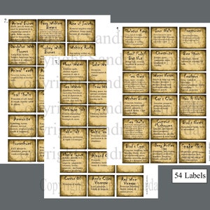 Peut inclure: Cinquante-quatre étiquettes à l'esthétique vintage, présentant divers ingrédients et leurs utilisations en sorcellerie et en magie. Les étiquettes sont imprimées sur un fond de parchemin avec un aspect vieilli et détérioré. Chaque étiquette comprend le nom de l'ingrédient, une brève description de ses propriétés magiques et un numéro.
