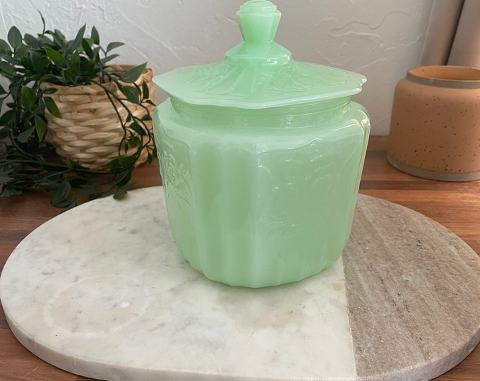 Jadeite Biscuit Barrel Cookie Jar Mayfair Rose Panel Design Green Glass