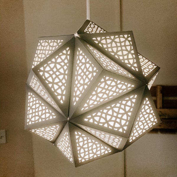 Hanging Dove Grey Moravian Star Paper Pendant Lantern 3D- Moroccan Lantern- Stained Glass Pattern- Luminary Lighting- Eclectic Boho Decor