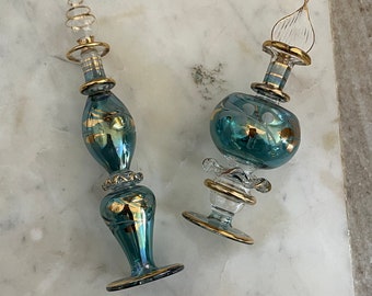 Vintage Hand Blown Egyptian Perfume Bottles Oil Vials Art Glass Blue Etched 14K Gold Gilt Opalescent | Gift for Her | Set or Separate