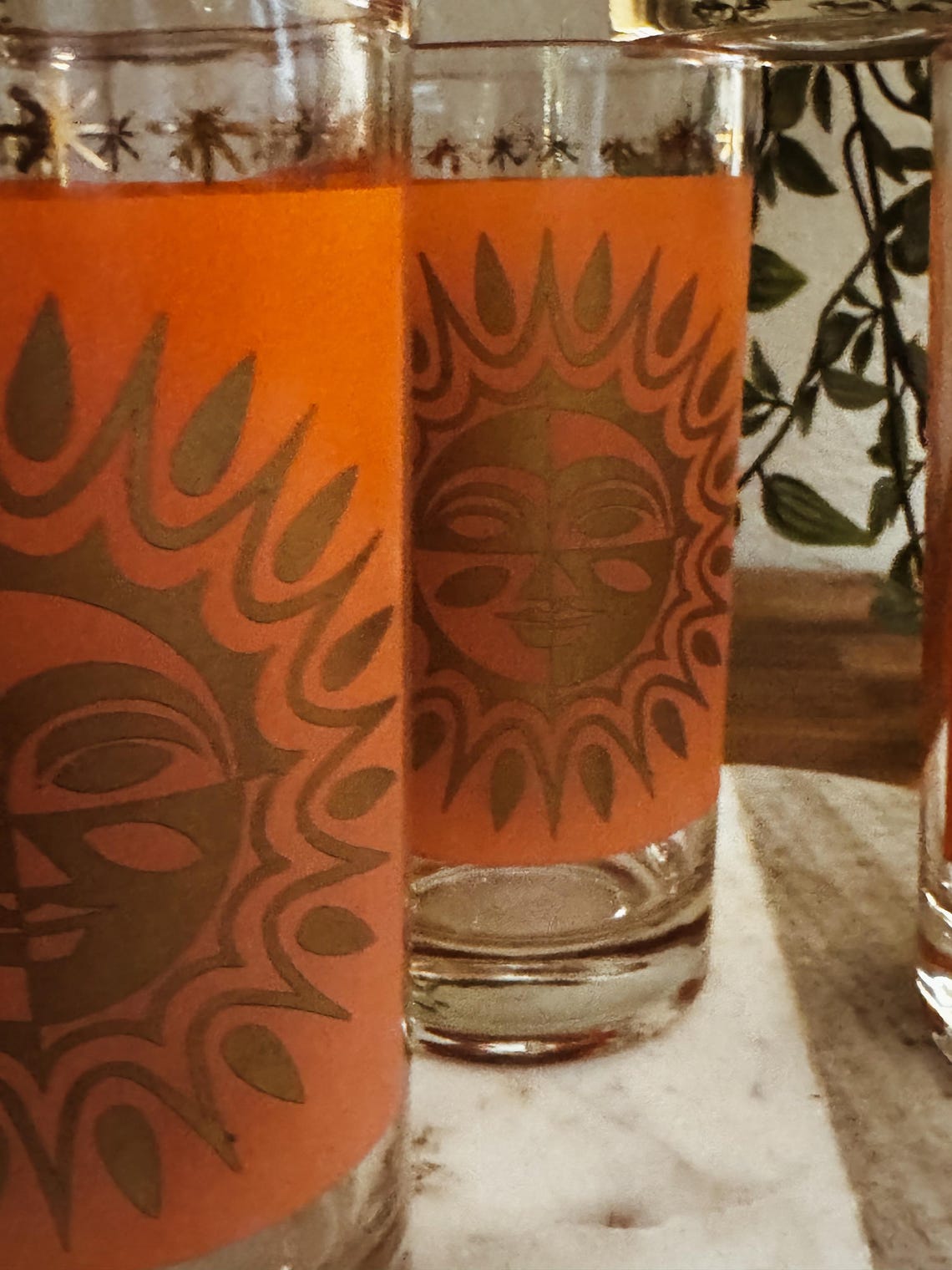 Rare Vintage Orange Aztec Sun 24K Gold Highball Glasses by Jeanette ...