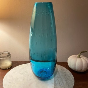 Vintage Large Turquoise Bullicante Bubbled Art Glass Vase- MCM, Blown Glass, Blenko, Blue Aqua Decor