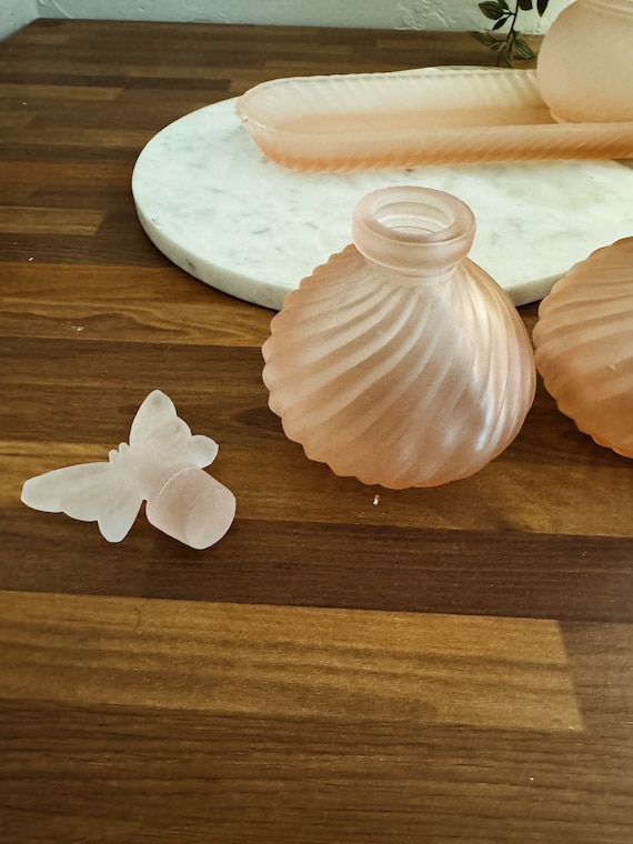 Vintage Pink Frosted Perfume Vanity Set with Atomizer, Powder Jar, Bottle & Tray- Butterfly Coquette Satin Girly Decor Romantic Beauty Gift View 6