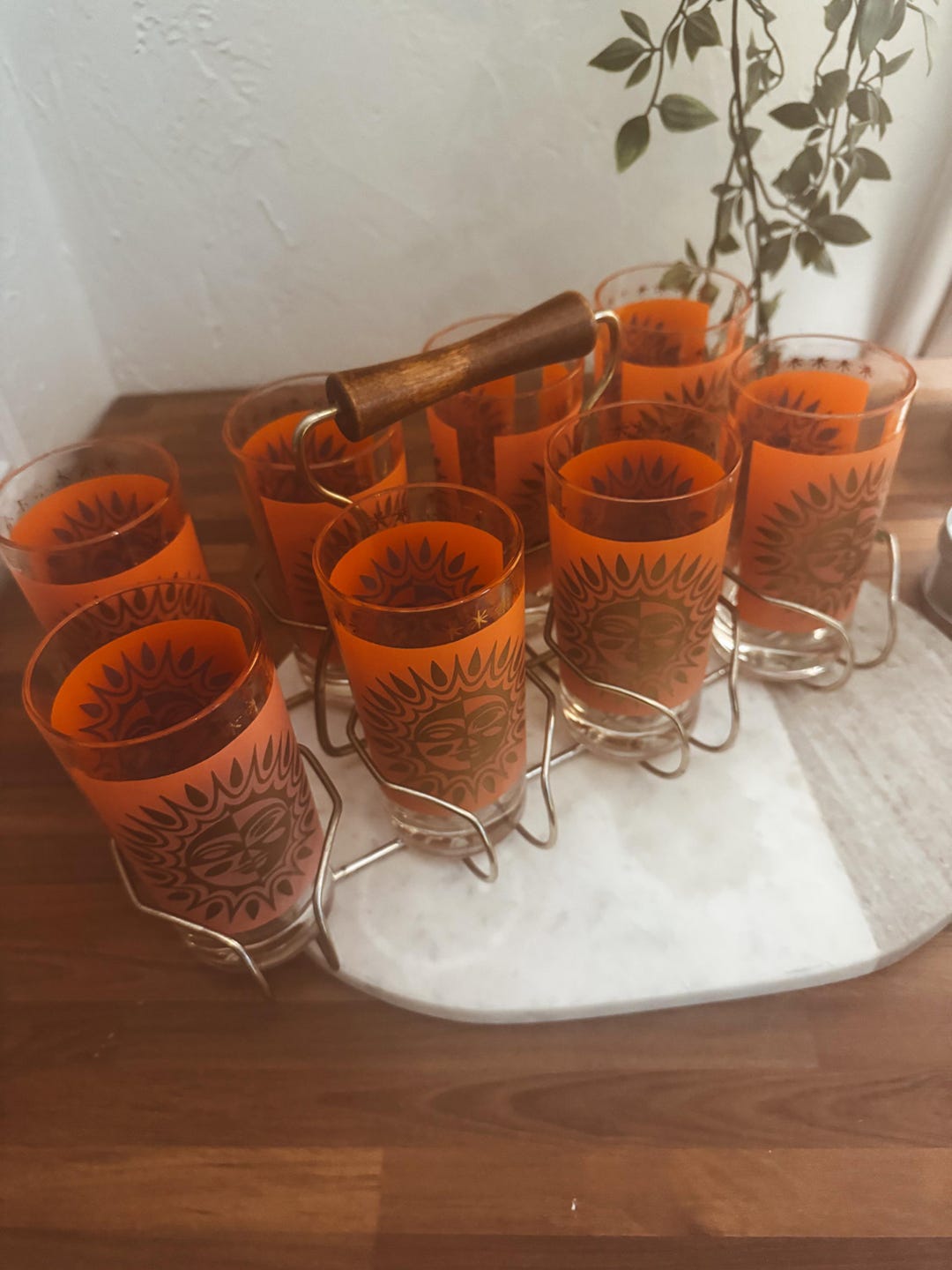 Rare Vintage Orange Aztec Sun 24K Gold Highball Glasses by Jeanette ...