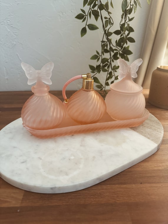 Vintage Pink Frosted Perfume Vanity Set with Atomizer, Powder Jar, Bottle & Tray- Butterfly Coquette Satin Girly Decor Romantic Beauty Gift View 3