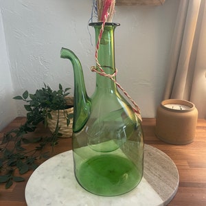 Vintage Princess House Hand Blown Green Wine Decanter with Ice Chiller 1970s Art Glass Boho Barware Eclectic MCM w/ Cork and Stopper